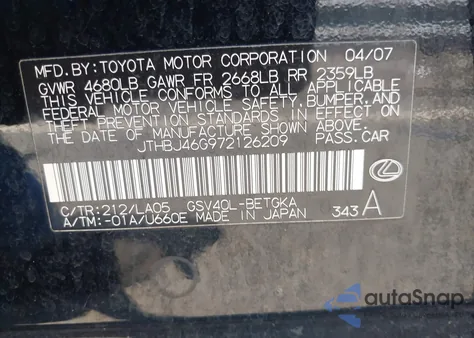 2007 Lexus Es 350 from USA, damaged, VIN JTHBJ46G972126209